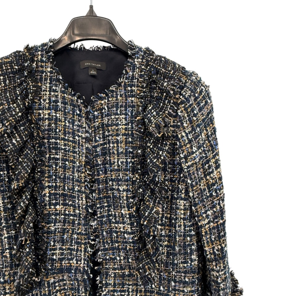 Ann Taylor Tweed Jacket Womens 10 Pre-Opened Blazer Navy Ruffle Fringe Trim Open - Picture 10 of 13